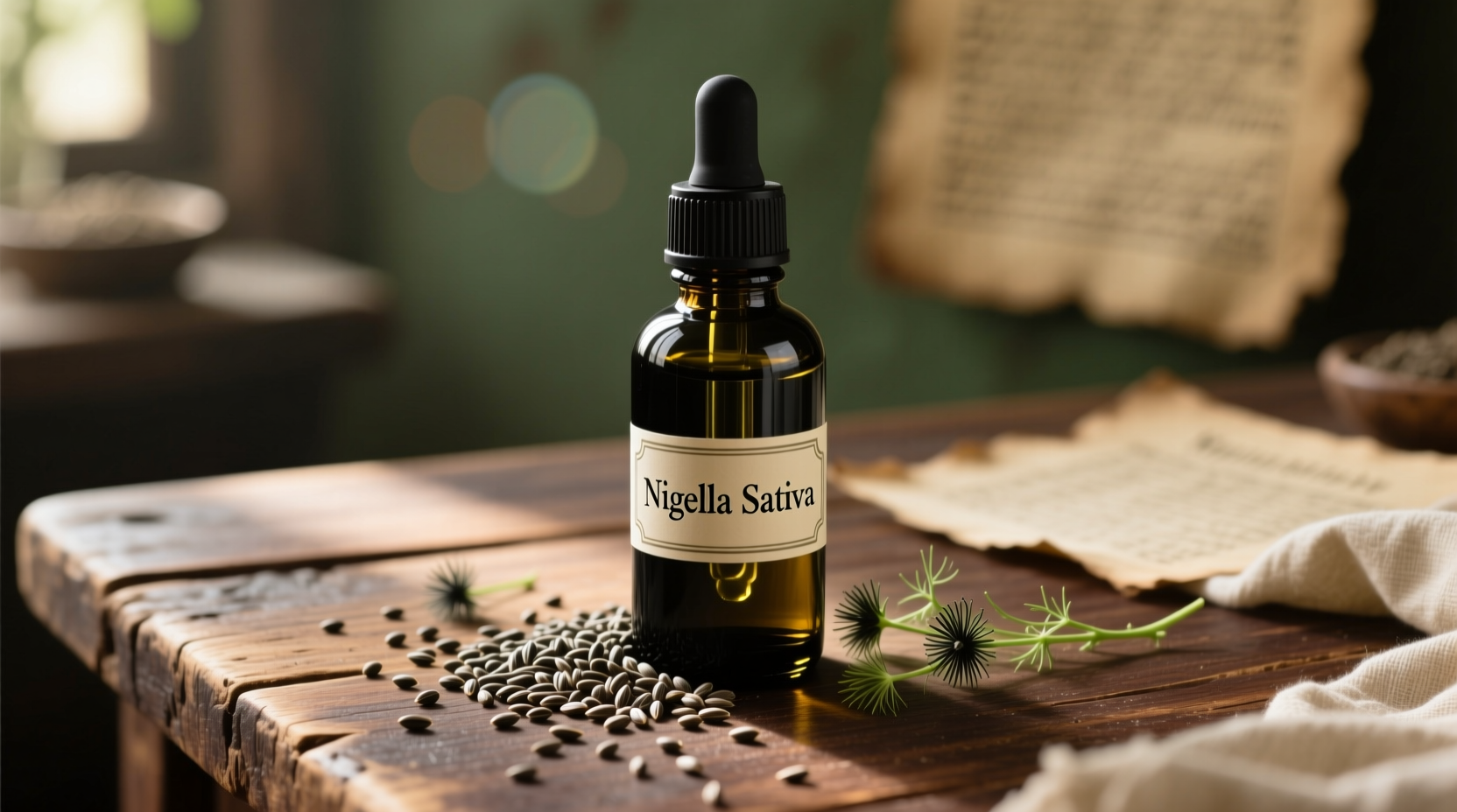 Black seed oil bottle with Nigella sativa seeds on wood