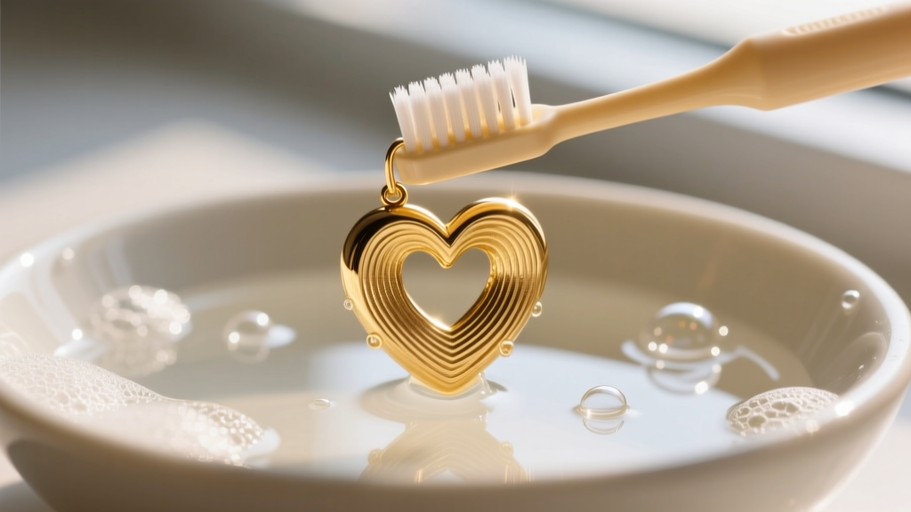 Soft-bristled baby toothbrush gently scrubbing the cleft of a textured gold heart earring submerged in a bowl of soapy water.