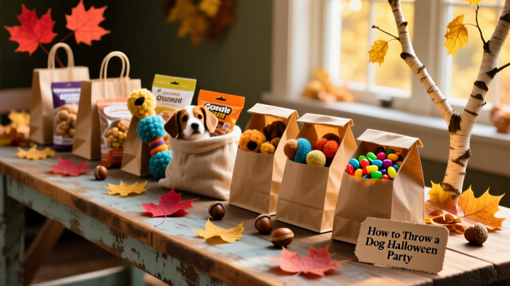 Assorted goodie bags filled with dog toys, treats, and candy, lined up on a wooden table decorated with autumn foliage