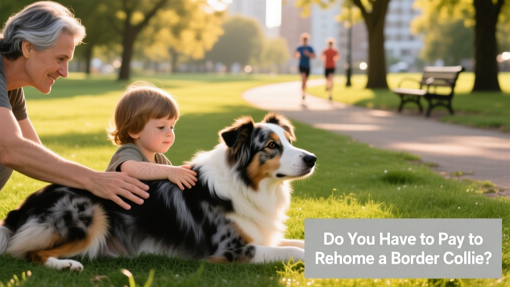 Two hands—one belonging to an adult, one to a child—gently petting a relaxed Border Collie on a grassy park path