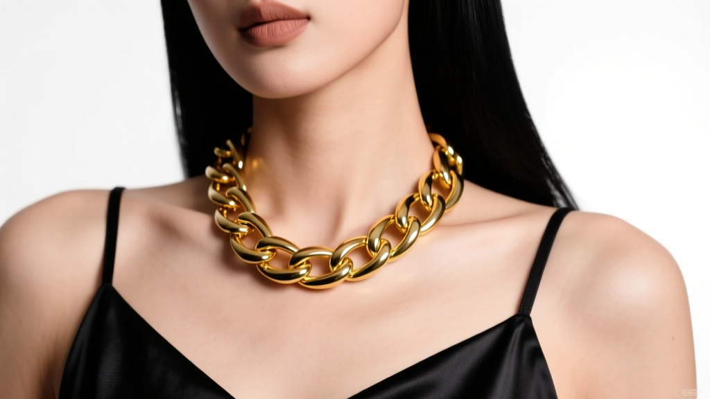 Close-up of a model wearing a 10mm 14k yellow gold Cuban link chunky chain necklace over a black silk camisole, studio lighting