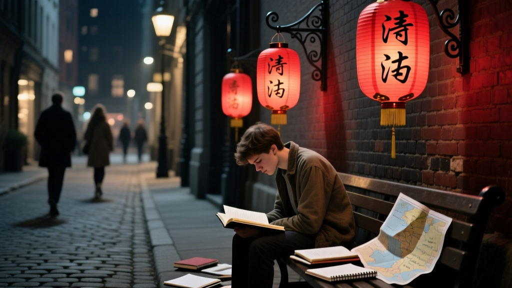 Red lanterns at night with Chinese characters on them