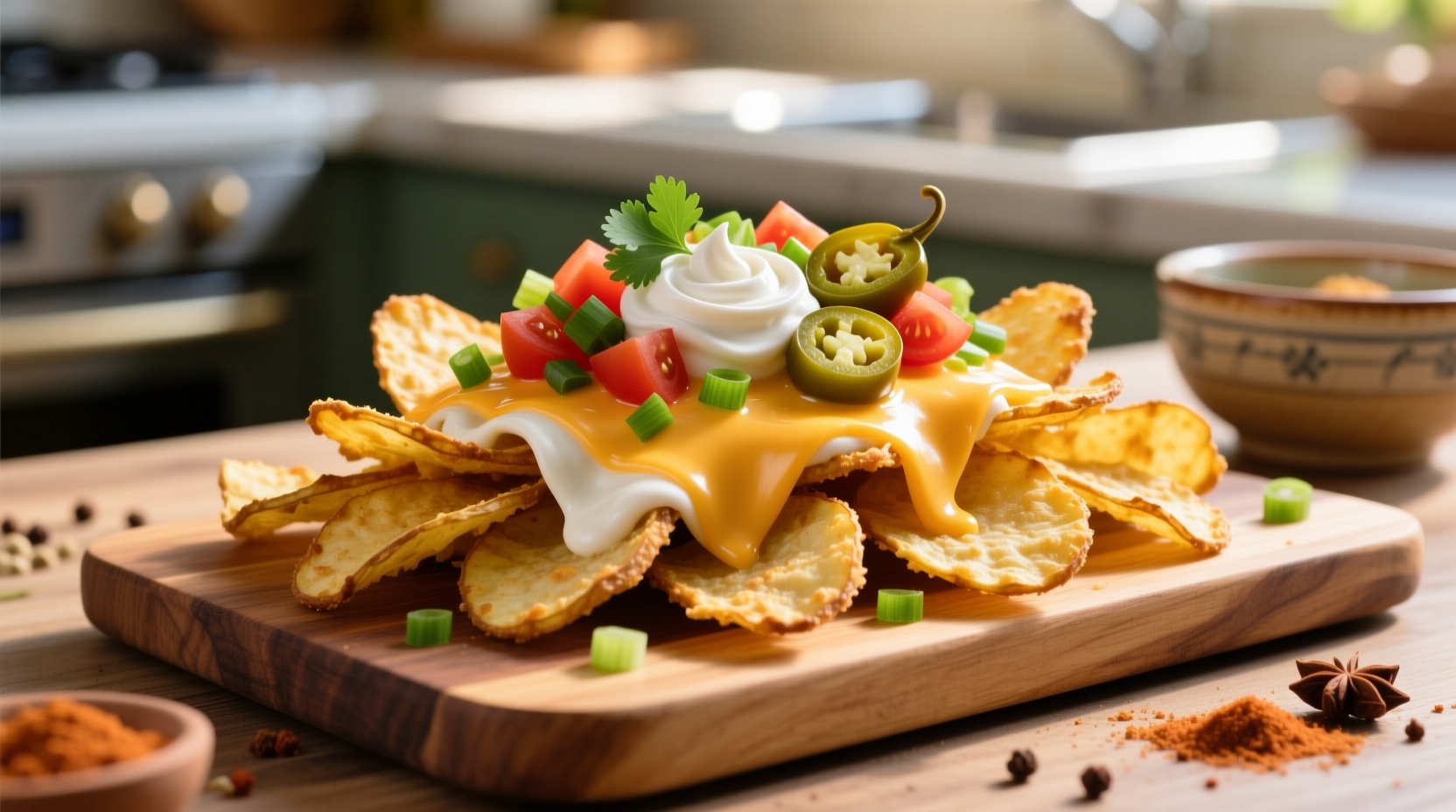 Crispy golden potato nachos with melted cheese and toppings