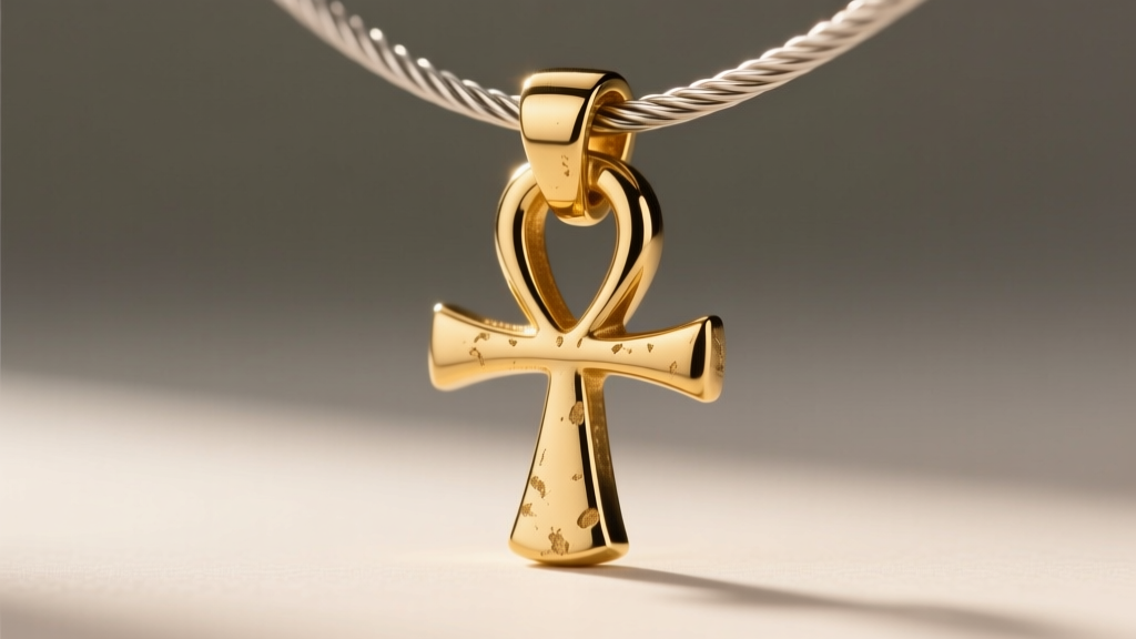 Macro photo of a gold-plated ankh pendant bail showing wear and friction marks where it rubs against a thin cable chain link.