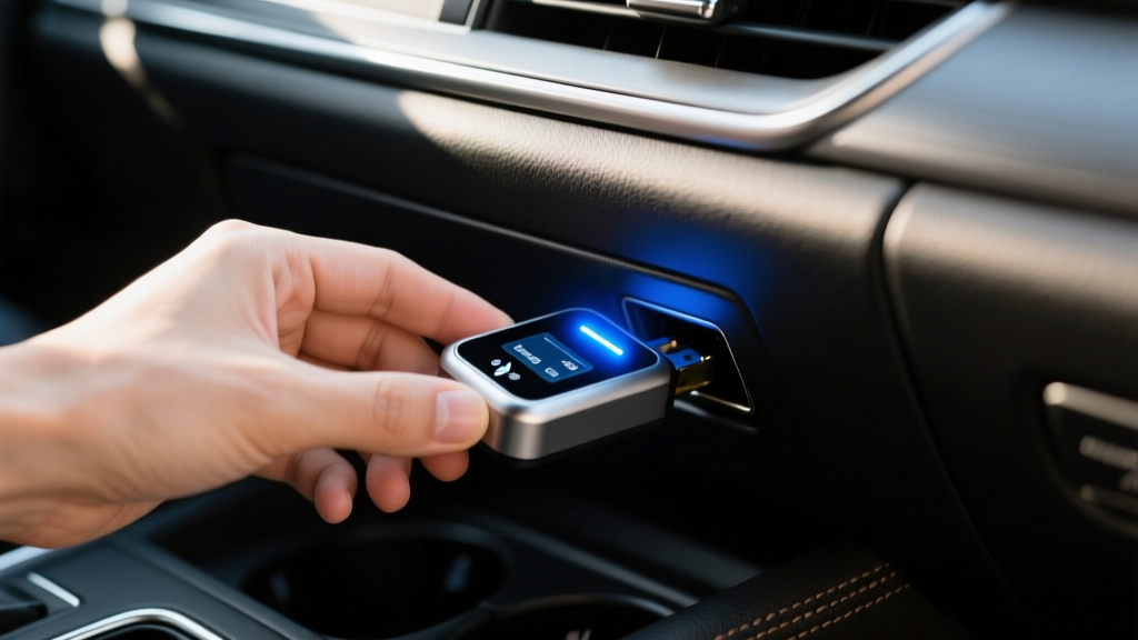 Hand plugging a compact Bluetooth OBD2 diagnostic scanner into an under-dash port, glowing with an LED status light.