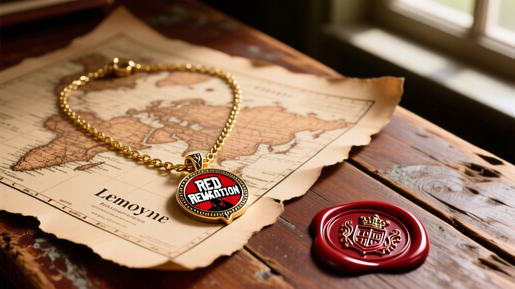 Flat lay gift box with a custom RDR2 necklace, a vintage Lemoyne map, and a red wax seal, photographed on a rustic wooden desk.