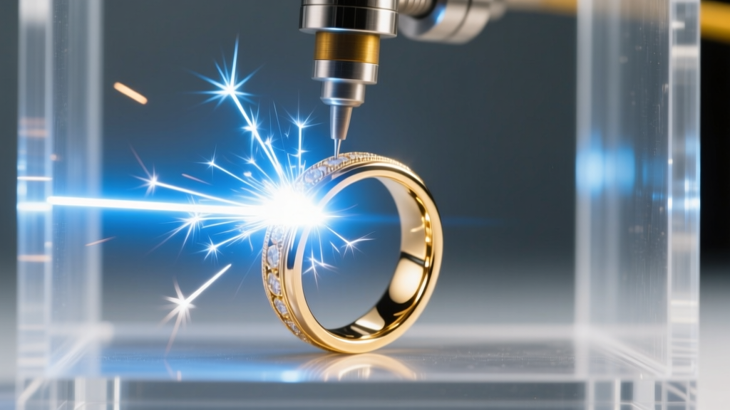Bright laser spark hitting a 14k gold ring shank inside a welding chamber, with an argon gas nozzle visible in the soft backdrop.