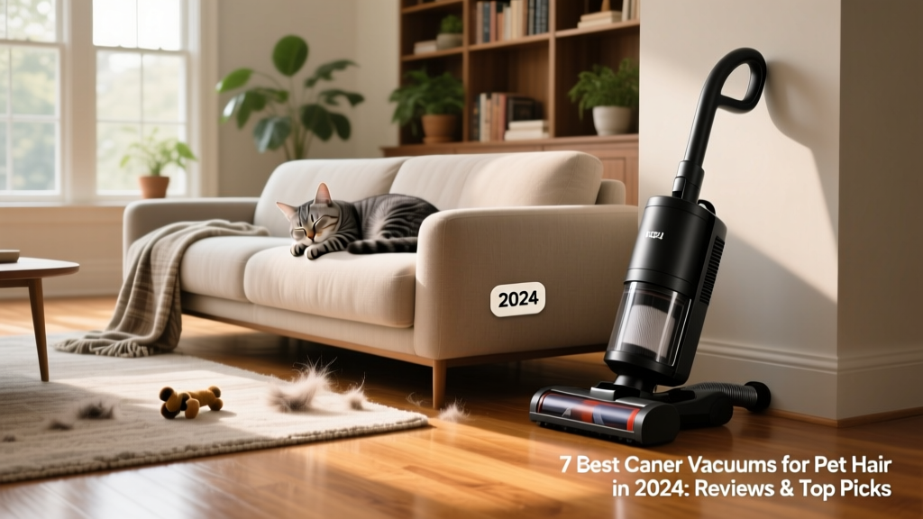 A neatly organized living room with hardwood floors, a cat napping on the sofa, and a sleek canister vacuum parked nearby