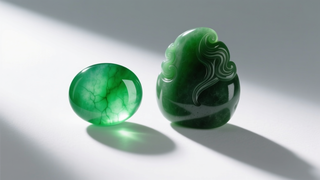 Translucent bright green jadeite cabochon beside an opaque spinach-green nephrite carving, displayed on a plain white surface.