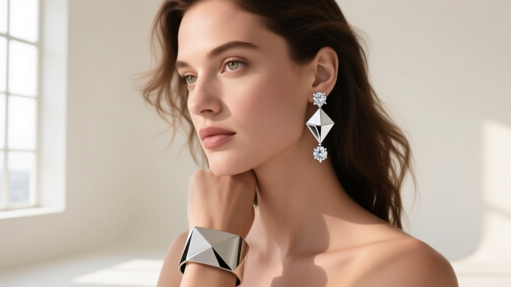 Editorial portrait of a model wearing asymmetrical diamond jacket earrings, one geometric cuff and one solitaire, soft daylight.