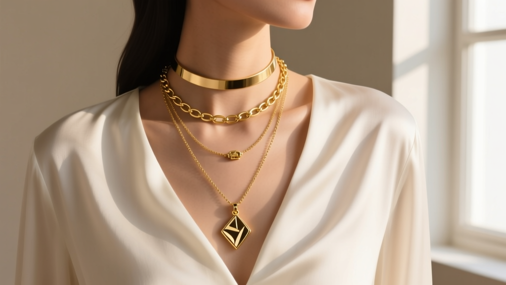 Layered gold necklaces of varying lengths including a choker, mid-length link chain, and long pendant over a white silk blouse