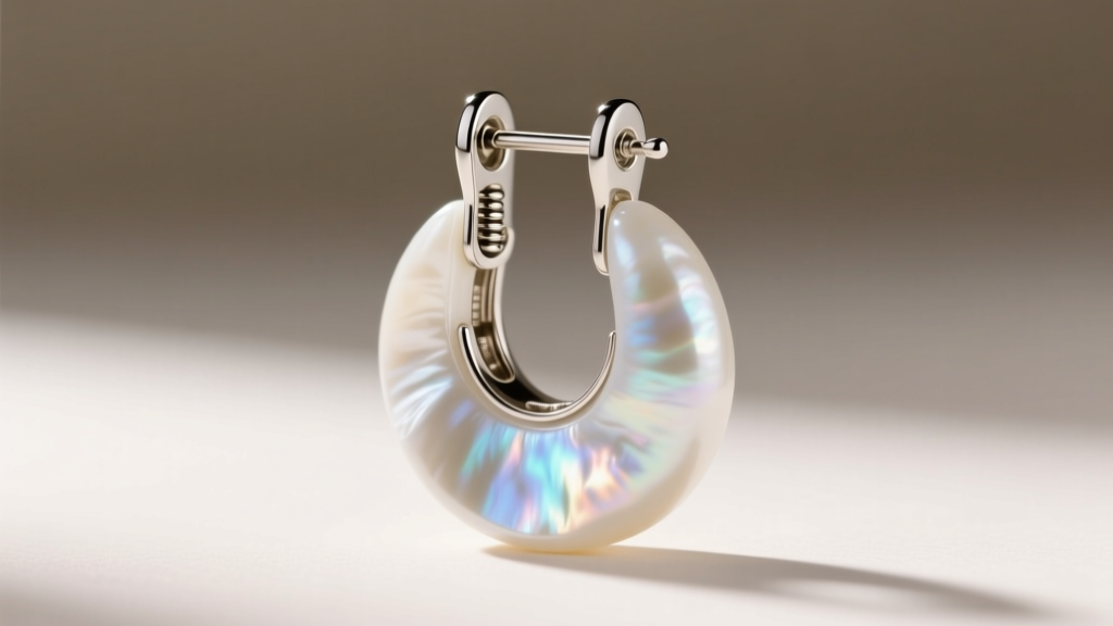 Side profile showing a secure leverback clasp on a heavy white mother-of-pearl dangle earring, demonstrating the snug closure fit