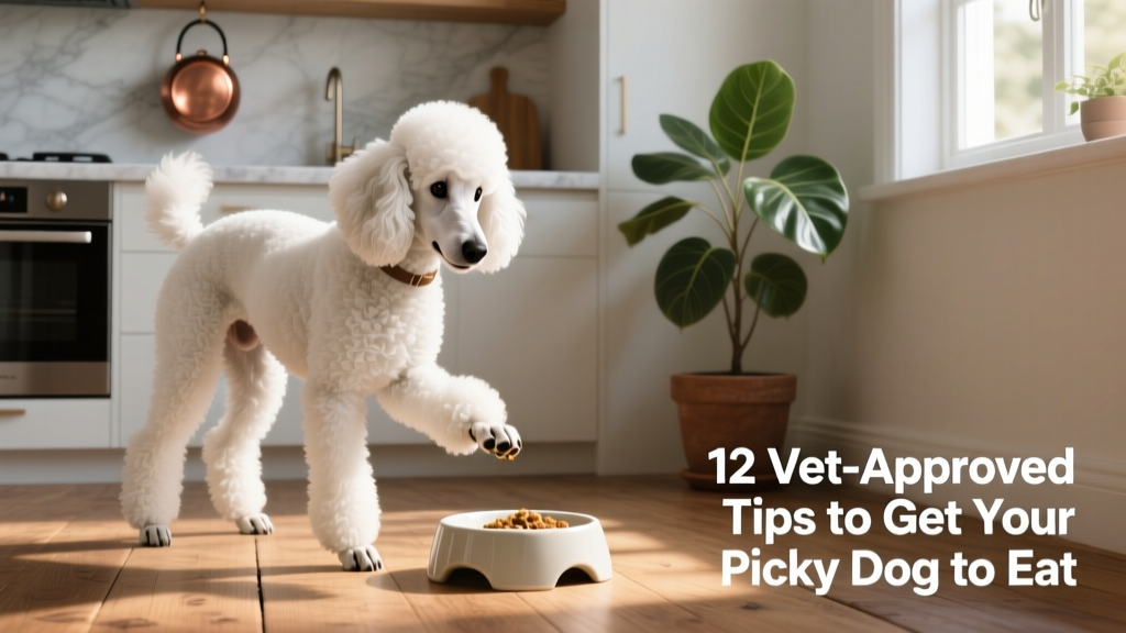 white dog refuses to eat his food in the bowl