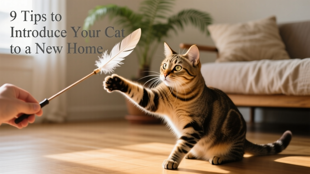 A relaxed cat batting playfully at a feather wand held just out of reach, with soft lighting and minimal background clutter