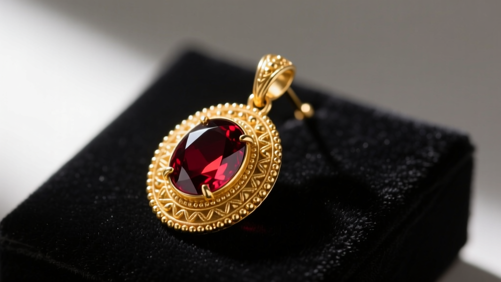 Close-up of a Hellenistic gold pendant earring with a garnet cabochon and granulation, displayed on a dark velvet museum pad