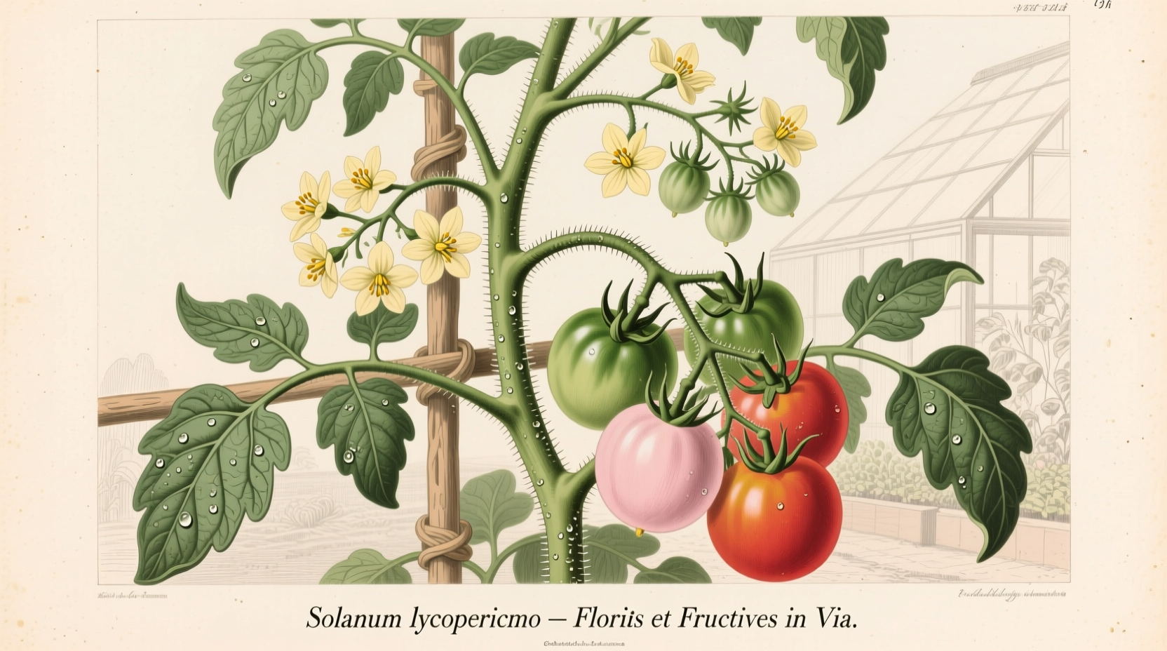 Tomato plant showing flowers and developing fruit on vine