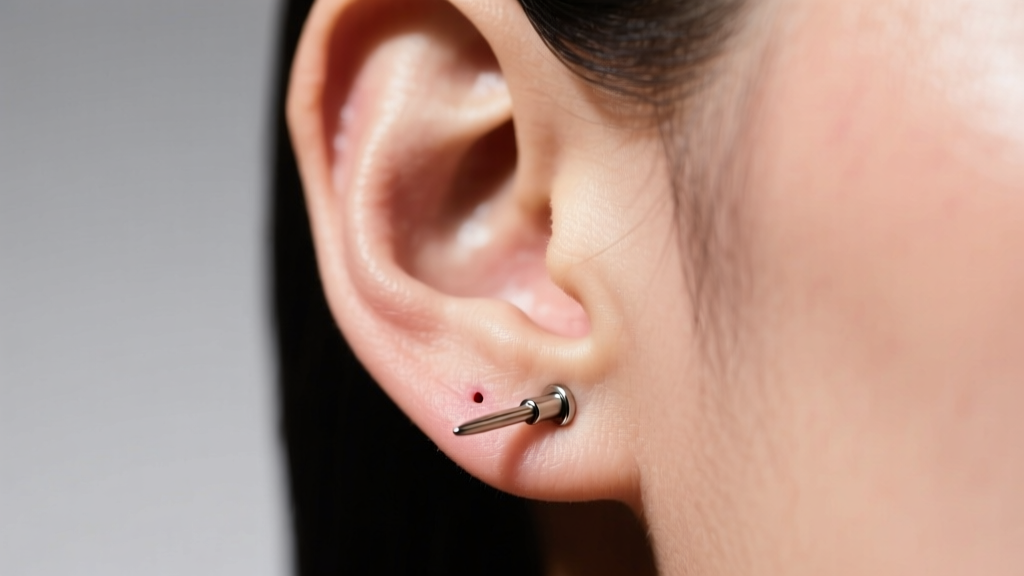 Side profile of a freshly pierced earlobe wearing a flat-back labret earring plug, highlighting the flush fit against the skin