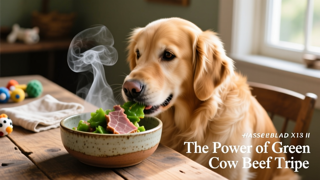 Dog happily eating green tripe from a ceramic bowl, with visible steam rising from the warm food