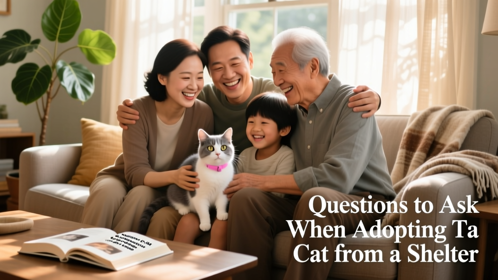 A happy family smiling beside their newly adopted cat, seated comfortably on a couch