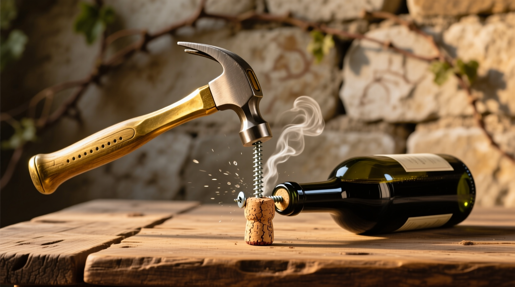 use a hammer and screw to open wine without a corkscrew