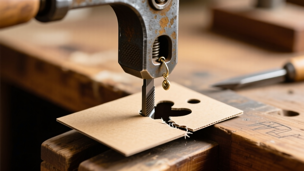 Close-up of a heavy-duty cast iron earring card punch pressing through thick kraft cardstock on a wooden jeweler's workbench.