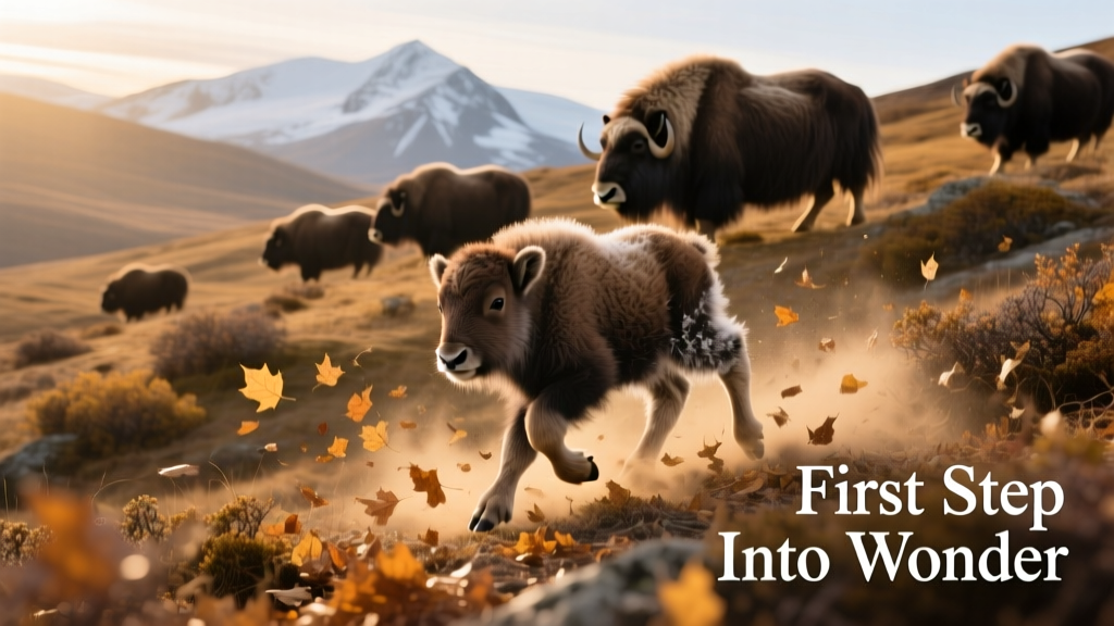 Wide-angle view of a muskox herd moving across a windswept hillside, with one calf pausing to kick up leaves in the foreground
