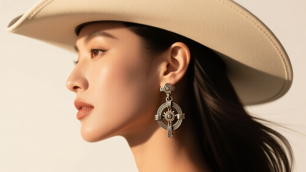 Side profile of a woman showcasing a leverback cowboy hat earring, highlighting the secure clasp mechanism, warm studio light.