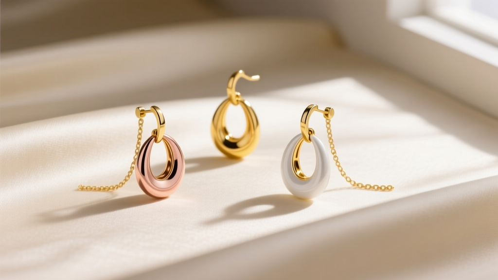 Flat lay of three womens gold drop earrings in rose, yellow, and white gold on cream silk fabric under soft natural window light.