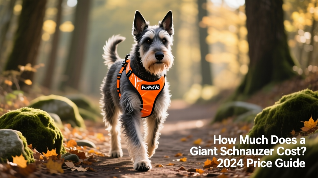 A mature Giant Schnauzer walking confidently on a trail wearing a reflective FurPetVo harness