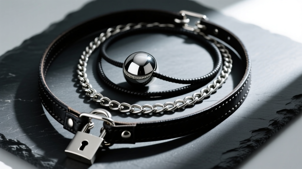 Flat lay of layered punk necklaces including a leather cord choker, a silver padlock chain, and an orb pendant on dark slate.