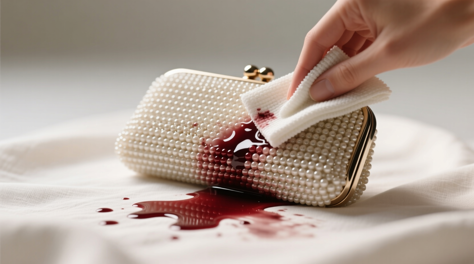 how to clean a beaded evening clutch after red wine