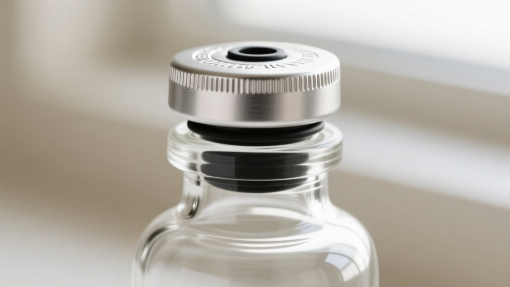 Macro shot of a borosilicate glass apothecary vial with a threaded sterling silver cap and a tiny black silicone O-ring seal