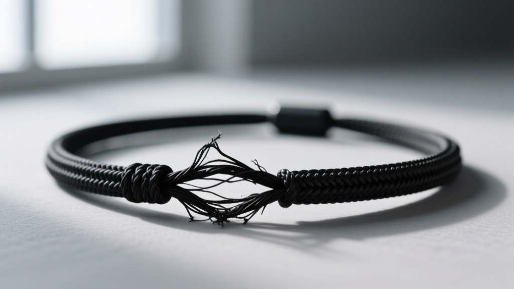 Macro photo showing a frayed black nylon breakaway cord on a sensory necklace, highlighting fiber separation and visible wear.