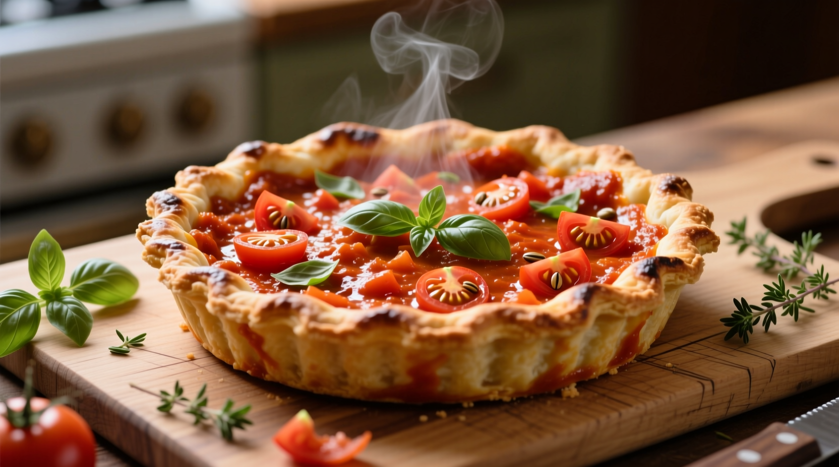 Fresh tomato pie with golden crust and vibrant sauce