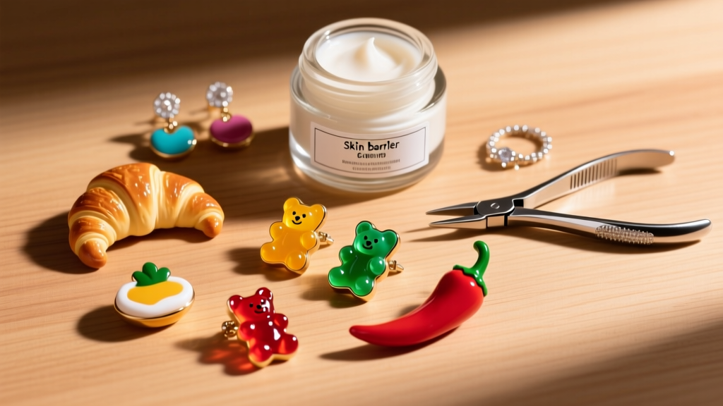 Flat lay of colorful asymmetrical goofy earrings with mismatched food shapes, skin barrier cream, and jewelry pliers on wood