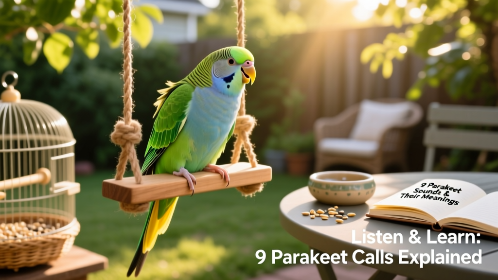A cheerful parakeet perched on a swing, beak slightly open mid-chirp
