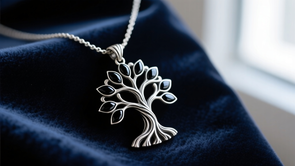 Close-up of oxidized sterling silver necklace with a twisted tree pendant and black onyx leaves, resting on dark velvet fabric.