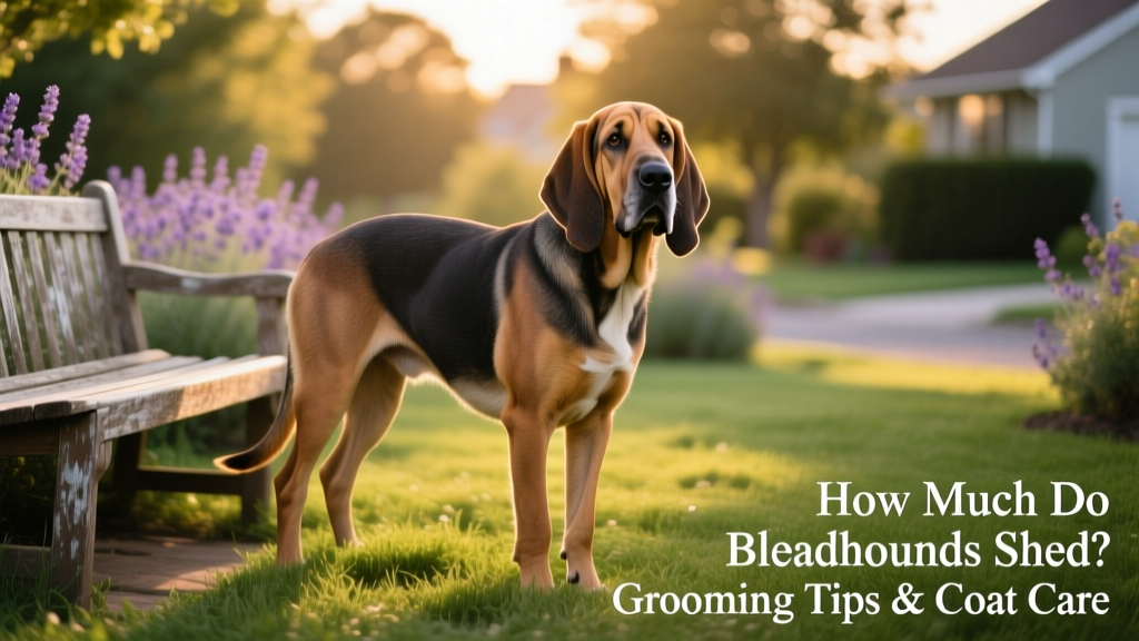 A Bloodhound standing outdoors, showing its short, sleek coat and expressive face