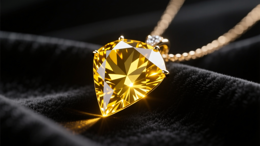 Yellow diamond pendant on dark velvet, lit by spotlights to reveal internal fire, clarity, and exceptional gemological brilliance.