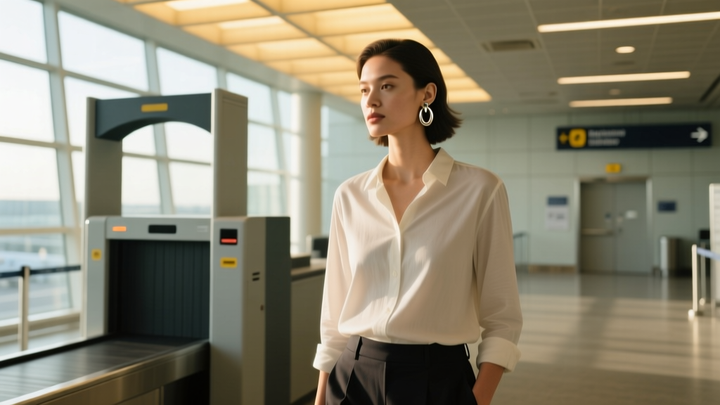 Traveler at airport security wearing small matte titanium huggie hoops, passing through scanner without triggering security alarms