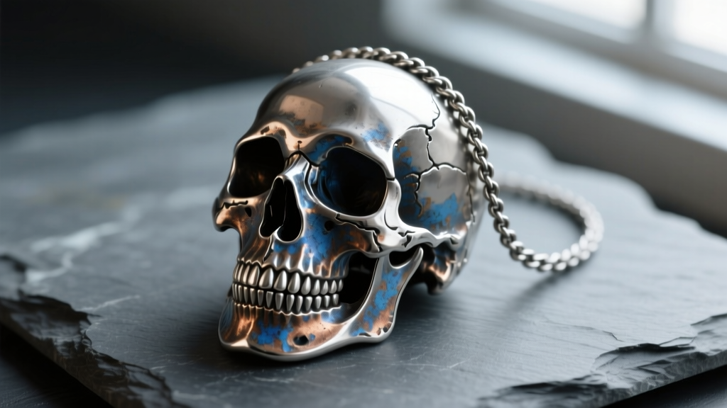 Macro shot of an oxidized sterling silver mens skull necklace on slate, showing carved teeth and deep eye sockets in moody light.