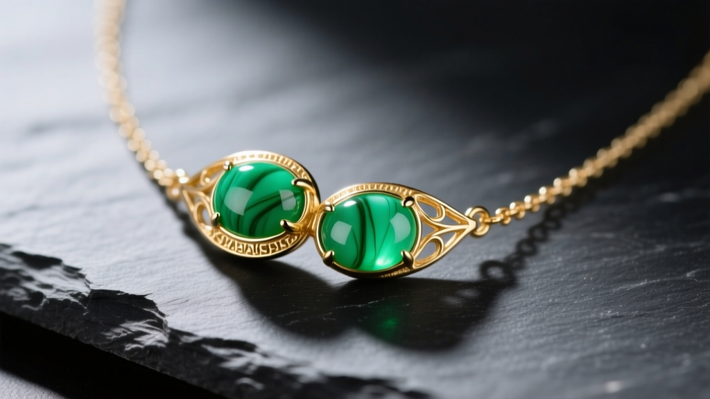 Close-up of a 14k gold two peas in a pod necklace with vibrant chrysoprase stones resting on dark slate under soft lighting.