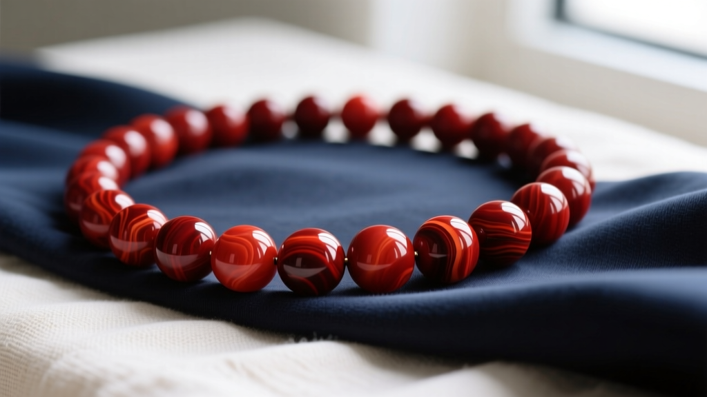 Macro shot of a polished red jasper bead necklace on dark nylon, resting on neutral linen under soft daylight.