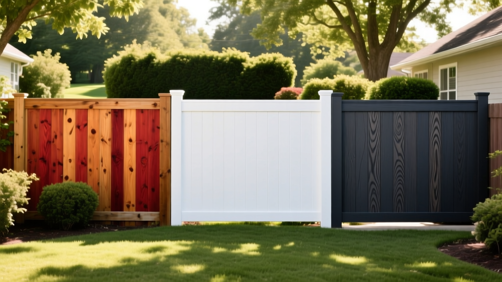 Side-by-side comparison of a cedar wood privacy fence, a white vinyl fence, and a dark composite fence in a lush suburban backyard