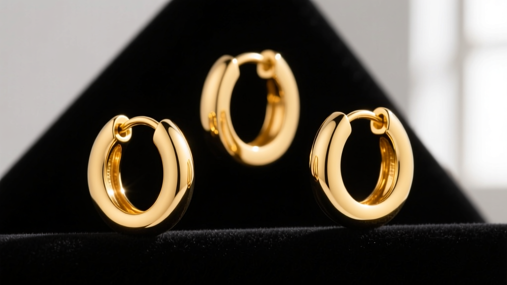 Macro shot of three gold hoop earrings in 24K, 18K, and 14K yellow gold, displaying subtle color variations on dark velvet.
