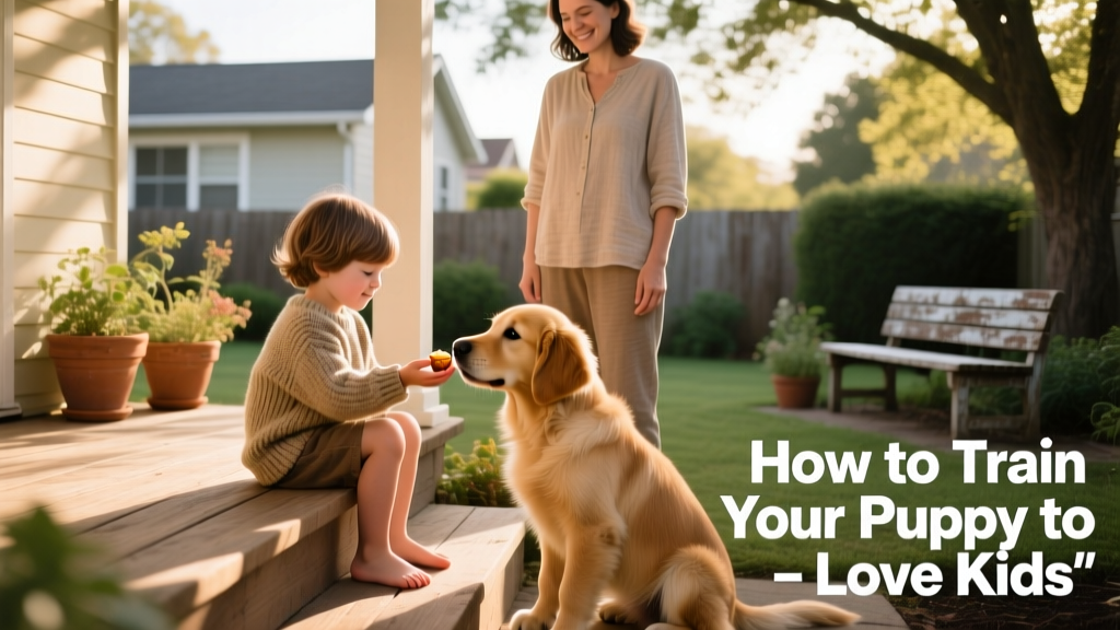 A child offering a treat to a puppy from a seated position, with an adult supervising nearby
