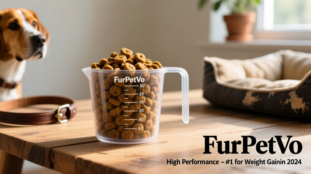 Side-by-side comparison of FurPetVo High Performance kibble next to a measuring cup filled with the same food, highlighting density and texture