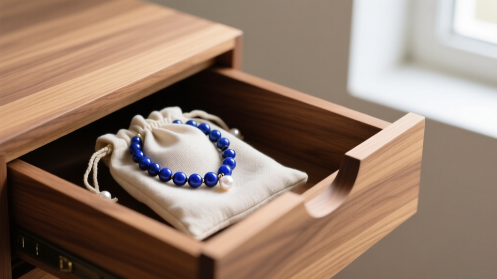 Lapis and pearl necklace stored inside a breathable cotton pouch, placed in a cedar-lined drawer away from direct sunlight.