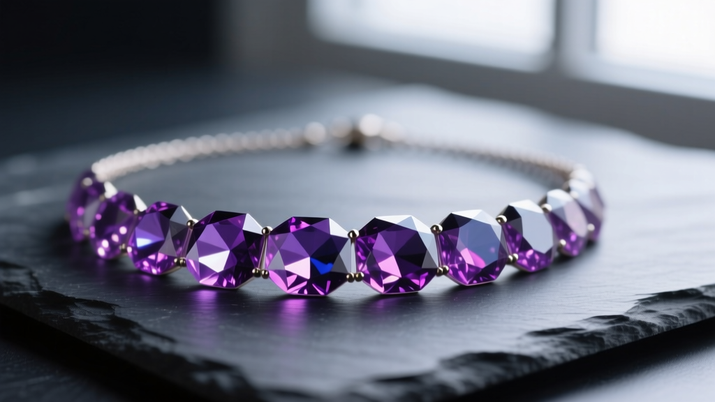 Close-up of a faceted amethyst crystal necklace resting on dark slate, illuminated by soft, diffused natural lighting