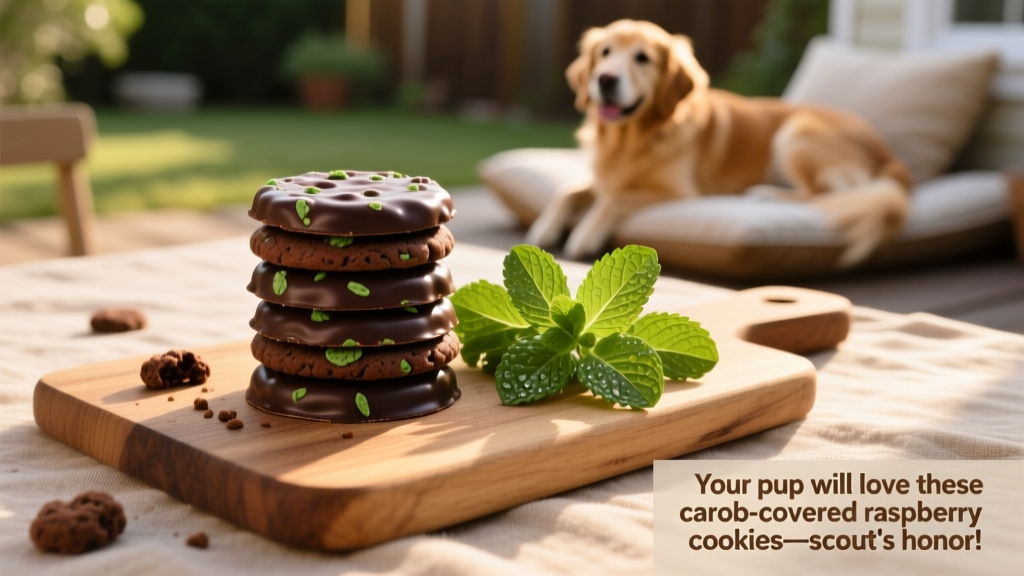 Stack of crisp, dark carob-coated dog cookies with visible mint flecks beside fresh mint leaves